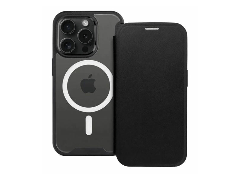 Gigapack iPhone 15 Plus Bőr hatású MagSafe flip tok, fekete (GP-159783)