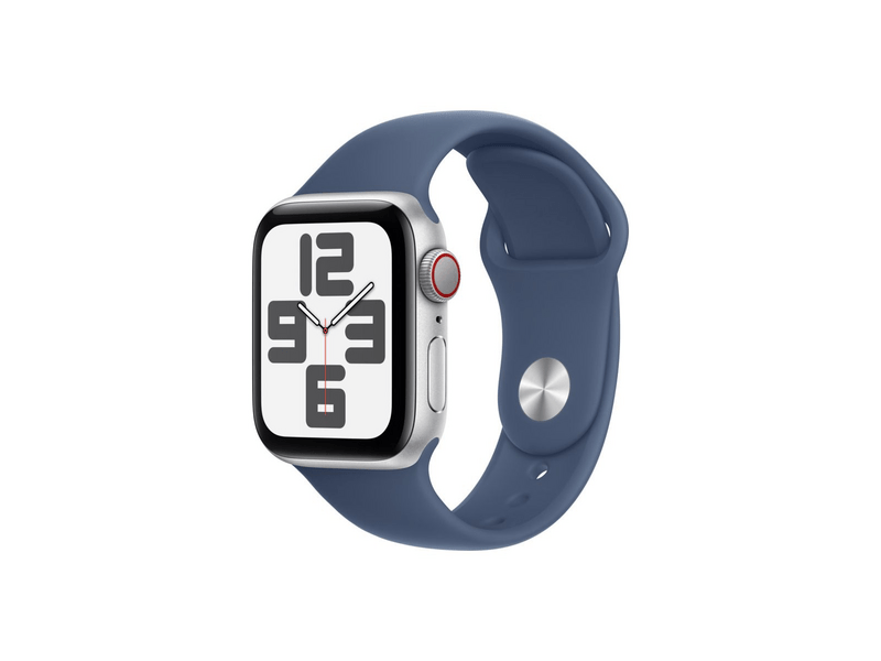 Apple Watch SE (2024) GPS + Cellular – 40 mm-es ezüst alumíniumtok, denimszínű sportszíj - S/M (MXGF3QH/A)