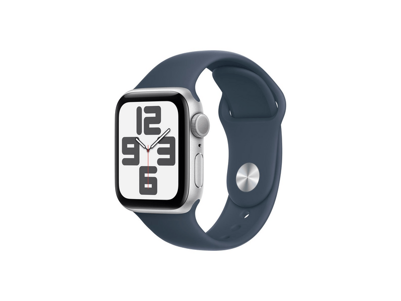 Apple Watch SE (2023) GPS – 40 mm-es ezüst alumíniumtok, viharkék sportszíj - S/M (MRE13QH/A)