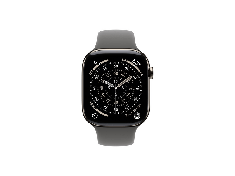 Apple Watch Series 11 GPS + Cellular, 42 mm-es natúr titántok, kőszürke sportpánt M/L (MF8N4MP/A)