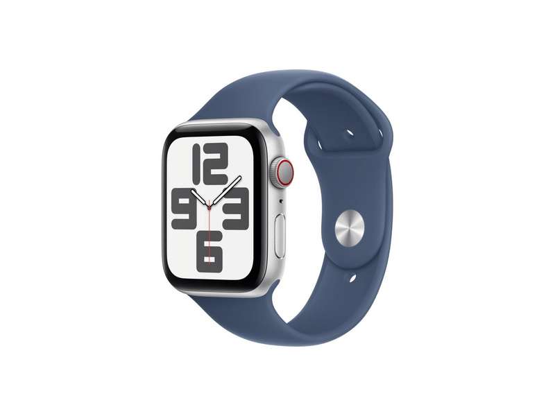 Apple Watch SE (2024) GPS + Cellular – 44 mm-es ezüst alumíniumtok, denimszínű sportszíj - S/M (MXGP3QH/A)