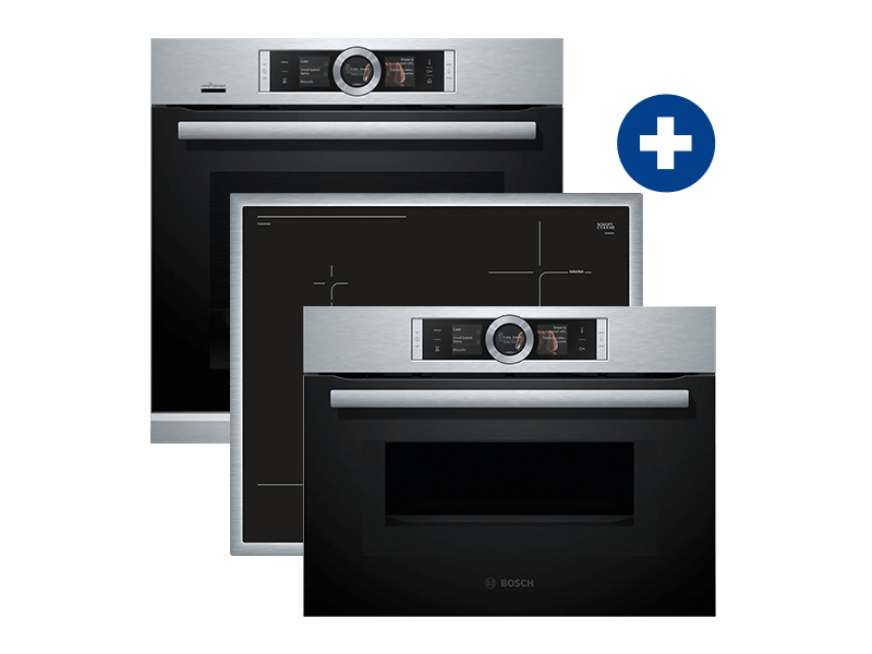 Bosch HRG6769S6 Beépíthető sütő+ Bosch PVS645FB5E Beépíthető indukciós főzőlap+ Bosch CMG656BS1 Beépíthető sütő mikrohullám funkcióval