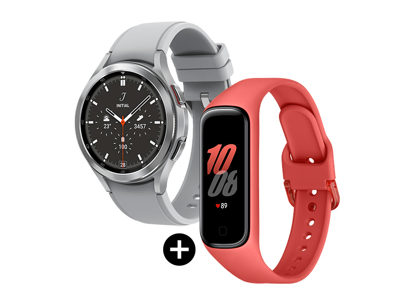 Samsung Galaxy Watch 4 Classic SM-R890NZSAEUE 46 mm Okosóra, ezüst + Samsung Galaxy Fit2 Aktivitásmérő, Piros (SM-R220NZRAEUE)