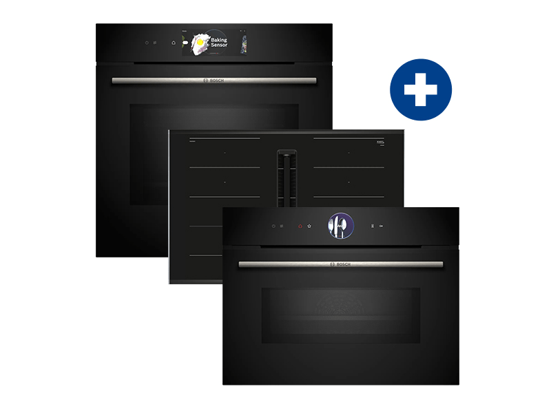 Bosch HMG778NB1 Beépíthető sütő mikrohullám funkcióval + Bosch PXX875D67E Beépíthető kerámia főzőlap + Bosch CMG7761B1 Beépíthető sütő mikrohullámú funkcióval