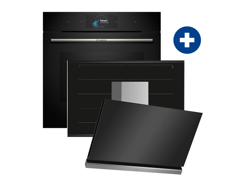 Bosch HRG7784B1 Beépíthető sütő + Bosch PXY875KW1E Beépíthető Indukciós főzőlap + Bosch DWK98PR60 Fali páraelszívó