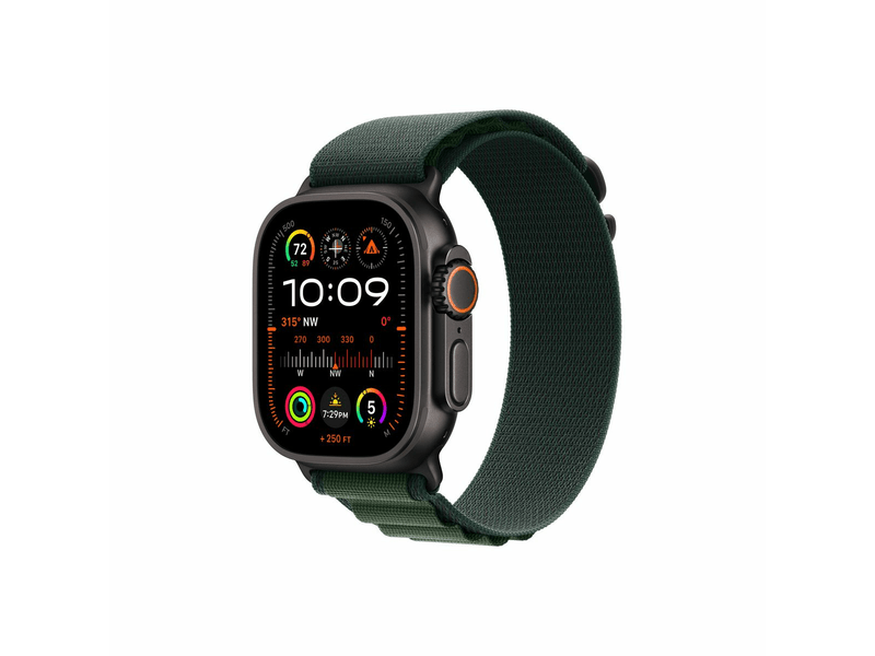 Apple Watch Ultra 2 GPS + Cellular, 49 mm-es fekete titántok, sötétzöld alpesi pánt, L (MX4T3CM/A)