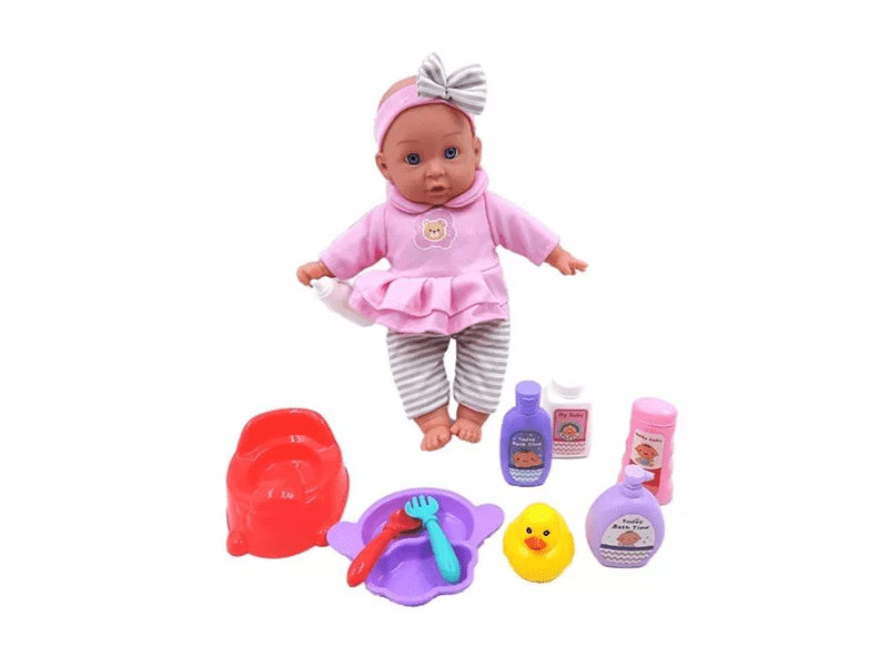 Játékbaba csíkos nadrágban, kiegészítőkkel - 35 cm (WZB104-12)