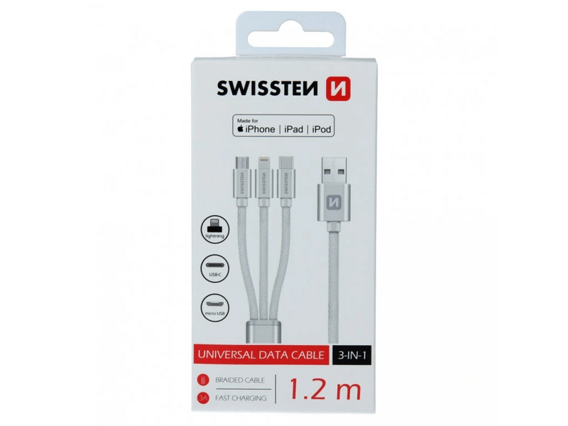 Swissten USB-A/ lightning MFI- microUSB-USB-C Kábel 1,2m, ezüst (72501102)