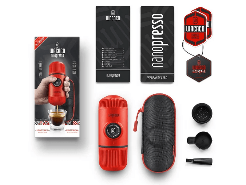 Wacaco Nanopresso hordozható kávéfőző őrölt kávéhoz, Láva vörös + kemény védőtok