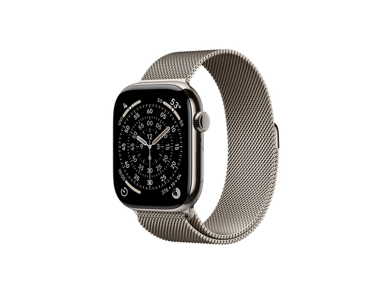 Apple Watch Series 11 GPS + Cellular, 46 mm-es natúr titántok, natúr milánói szíj S/M (MFCY4MP/A)