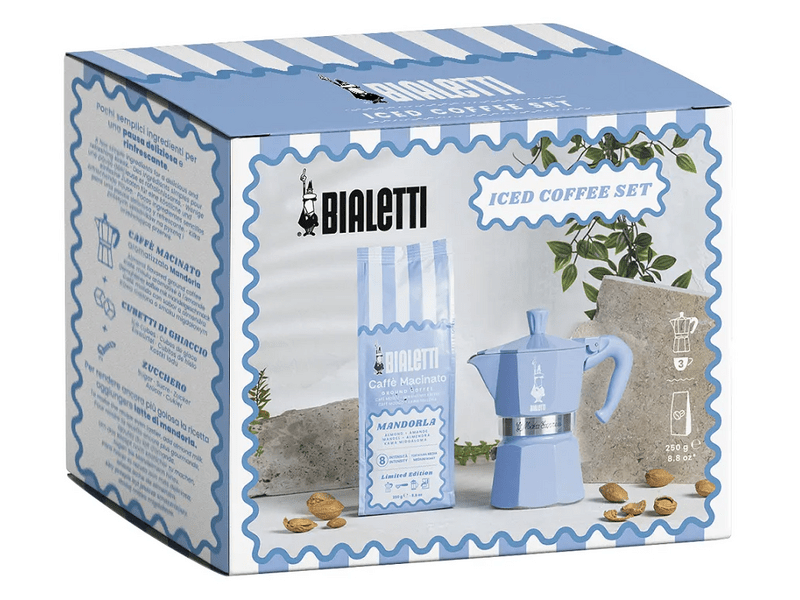 Bialetti Moka Express kotyogós kávéfőző, kék+Mandulás őrölt kávé, 250g (5409)