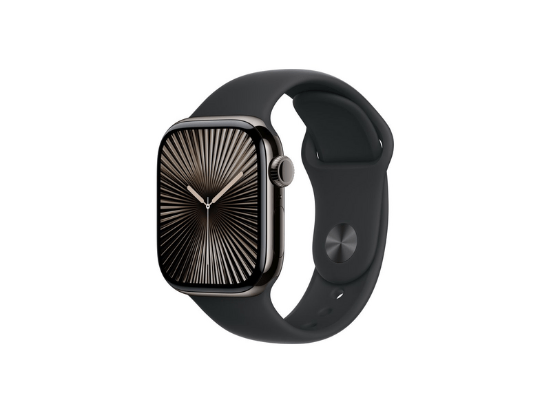 Apple Watch Series 10 GPS + Cellular, 42 mm-es palaszürke titántok, fekete sportszíj, S/M (MWXG3QH/A)