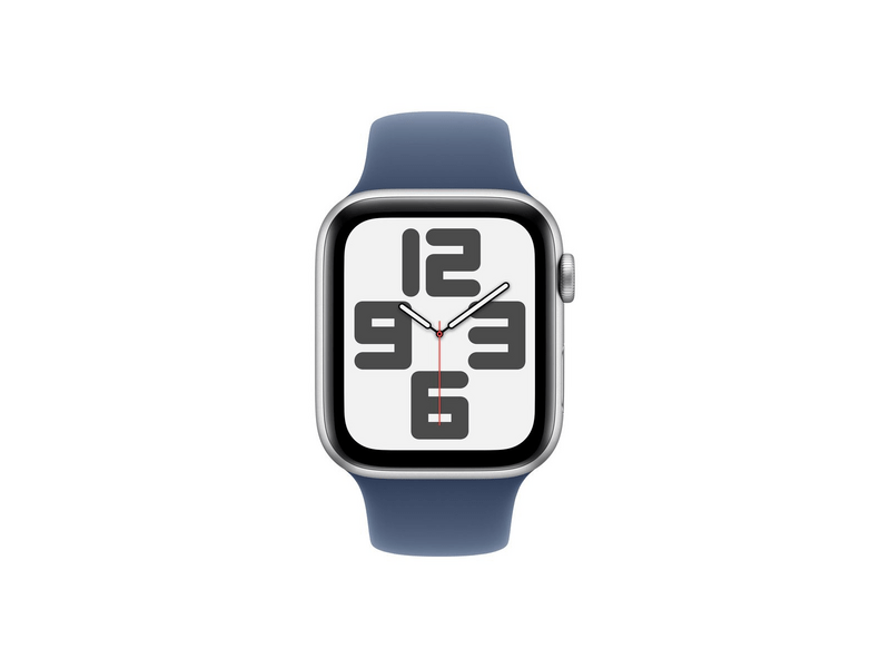 Apple Watch SE (2024) GPS + Cellular – 44 mm-es ezüst alumíniumtok, denimszínű sportszíj - S/M (MXGP3QH/A)