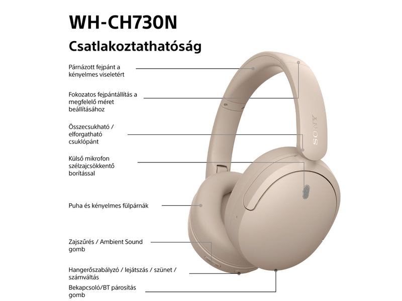 Sony WH-CH730N vezeték nélküli zajszűrős fejhallgató, bézs (WHCH730NC.CE7)