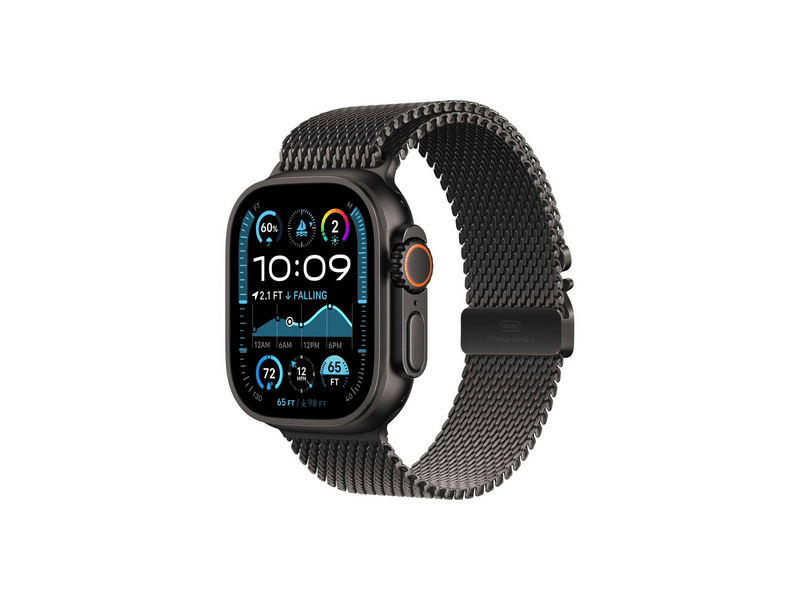 Apple Watch Ultra 2 GPS + Cellular, 49 mm-es fekete titántok, fekete titán milánói szíj, M (MX5U3CM/A)