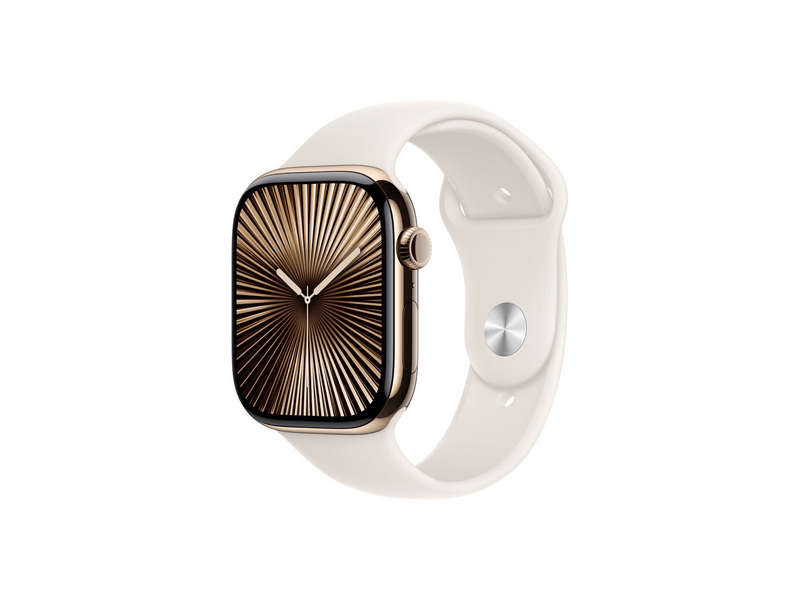 Apple Watch Series 10 GPS + Cellular, 46 mm-es arany titántok, csillagfény sportszíj, M/L (MWYY3QH/A)