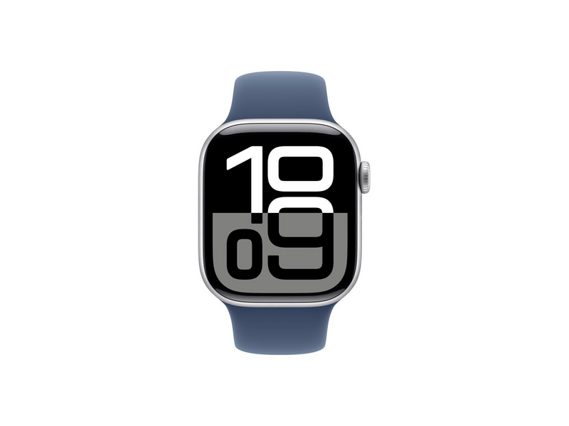 Apple Watch Series 10 GPS + Cellular – 42 mm-es ezüst alumíniumtok, denim sportszíj - M/L (MWX43QH/A)