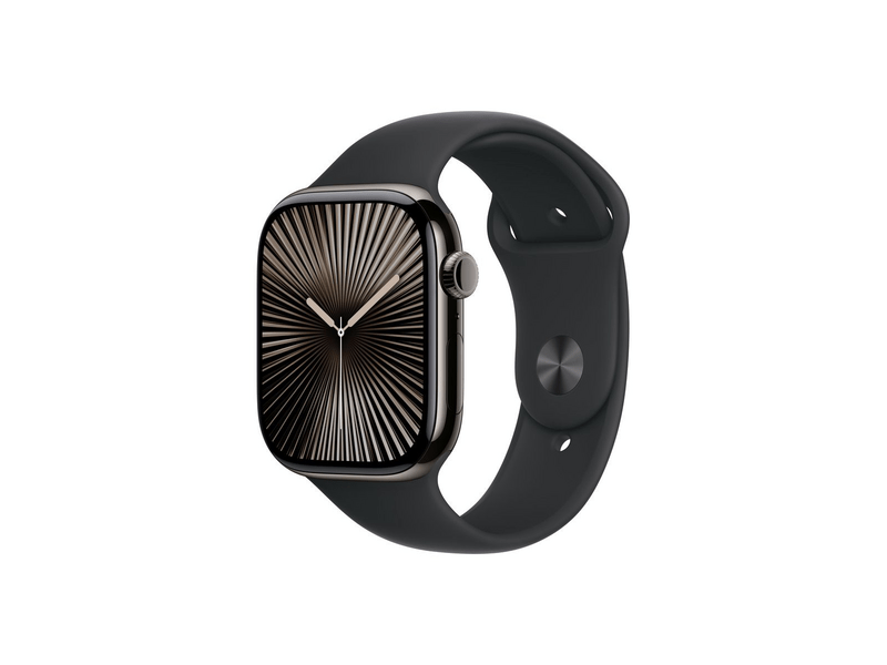 Apple Watch Series 10 GPS + Cellular, 46 mm-es palaszürke titántok, fekete sportszíj, S/M (MWYD3QH/A)