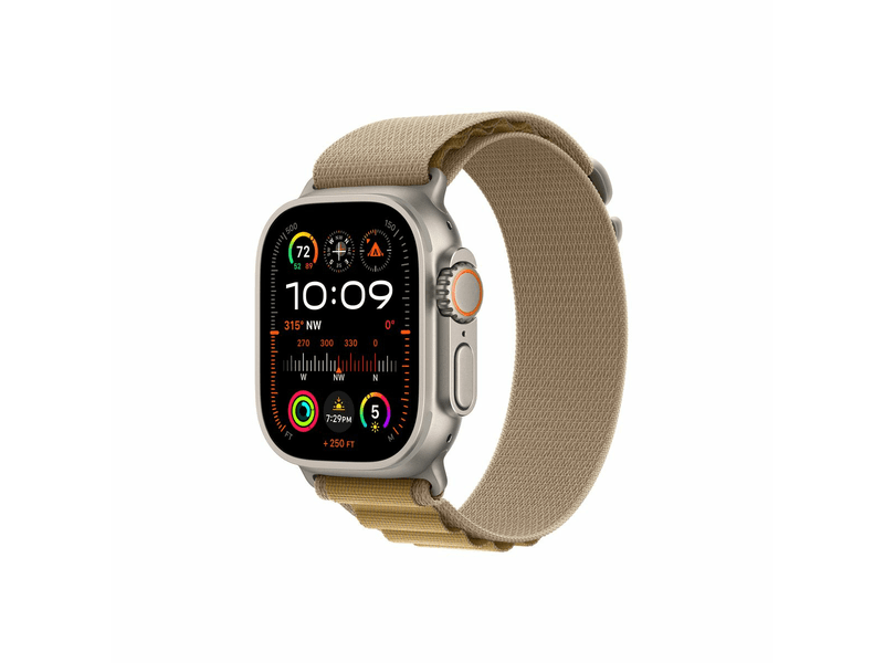 Apple Watch Ultra 2 GPS + Cellular, 49 mm-es natúr titántok, drapp alpesi pánt, L (MX4H3CM/A)