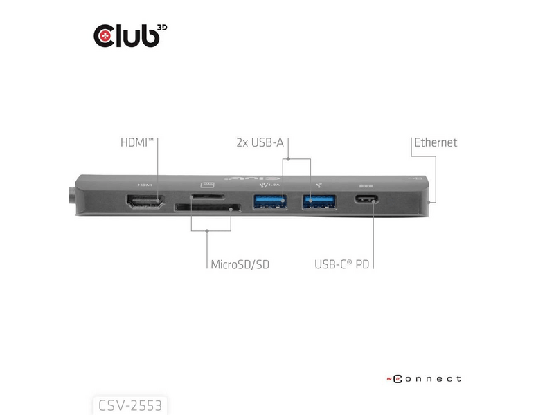 Club 3D CSV-2553 USB Hub, USB-C, 2xUSB-A, HDMI, RJ45, SD