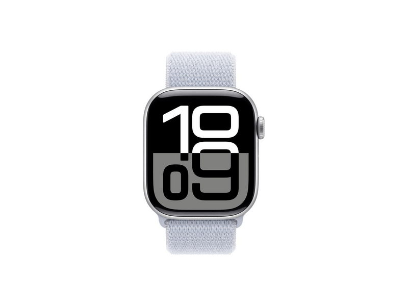 Apple Watch Series 10 GPS + Cellular – 42 mm-es ezüst alumíniumtok, fakókék sportpánt (MWX53QH/A)
