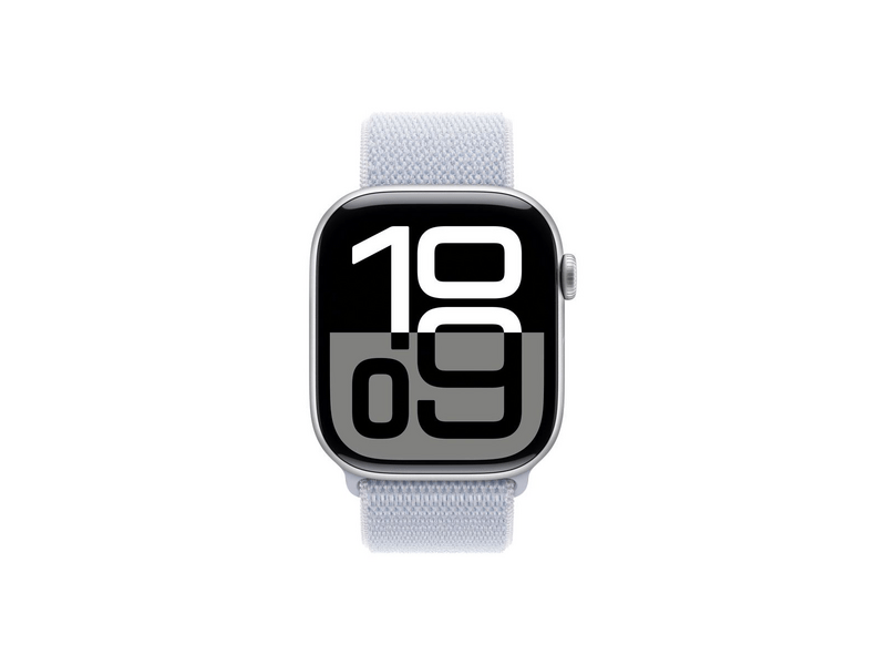 Apple Watch Series 10 GPS + Cellular – 46 mm-es ezüst alumíniumtok, fakókék sportpánt (MWY23QH/A)
