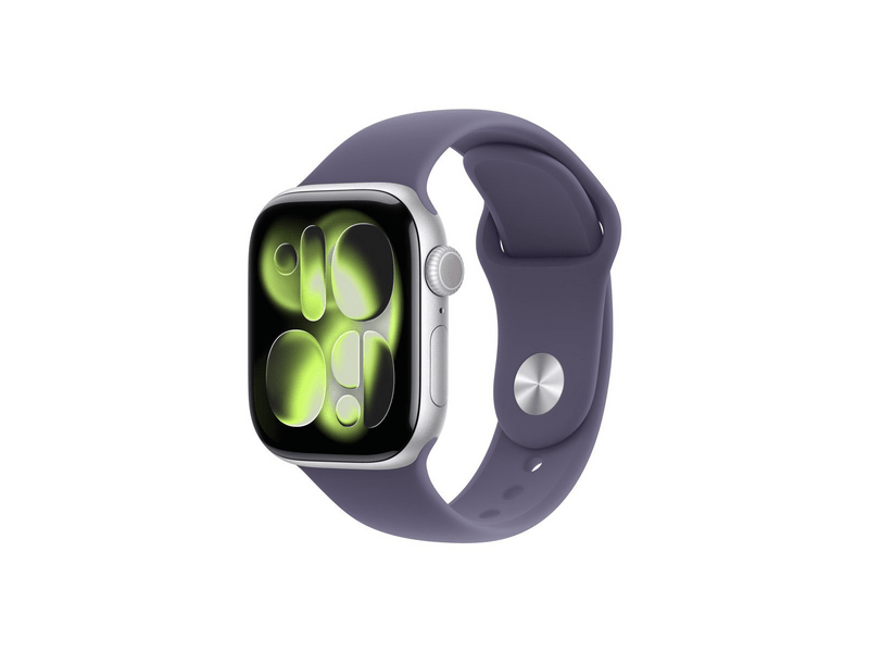 Apple Watch Series 11 GPS, 46 mm-es ezüst alumíniumtok, ködös lila sportpánt, M/L (MEVA4MP/A)