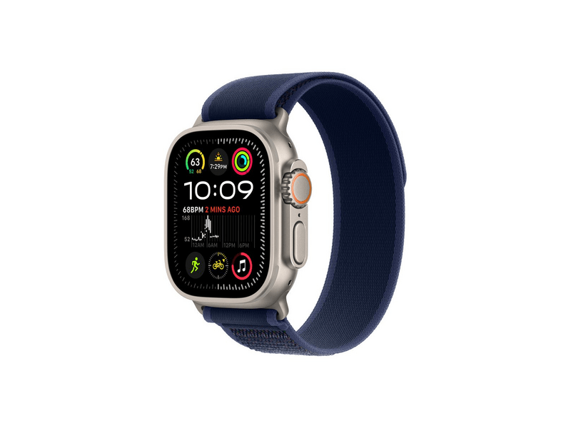 Apple Watch Ultra 2 GPS + Cellular, 49 mm-es natúr titántok, kék terep pánt, M/L (MX4L3CM/A)