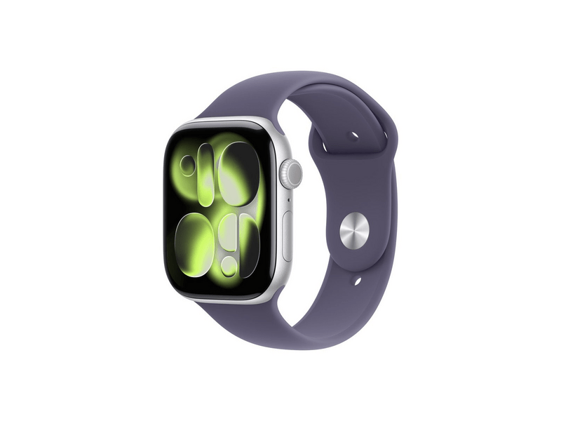 Apple Watch Series 11 GPS + Cellular, 46 mm-es ezüst alumíniumtok, ködös lila sportpánt S/M (MFCP4MP/A)