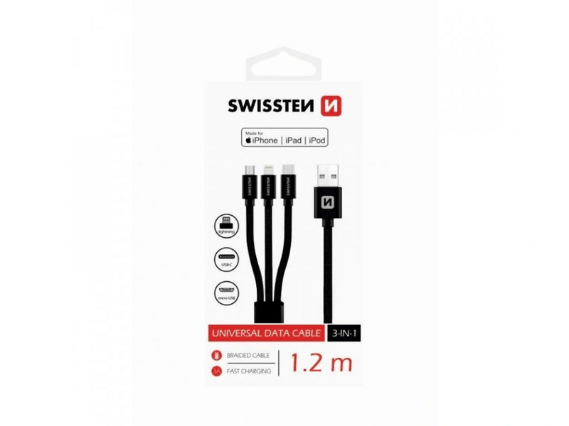 Swissten USB-A/ lightning MFI- microUSB-USB-C Kábel, 1,2m (72501101)