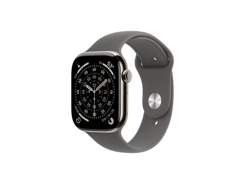 Apple Watch Series 11 GPS + Cellular, 42 mm-es natúr titántok, kőszürke sportpánt S/M (MF8M4MP/A)