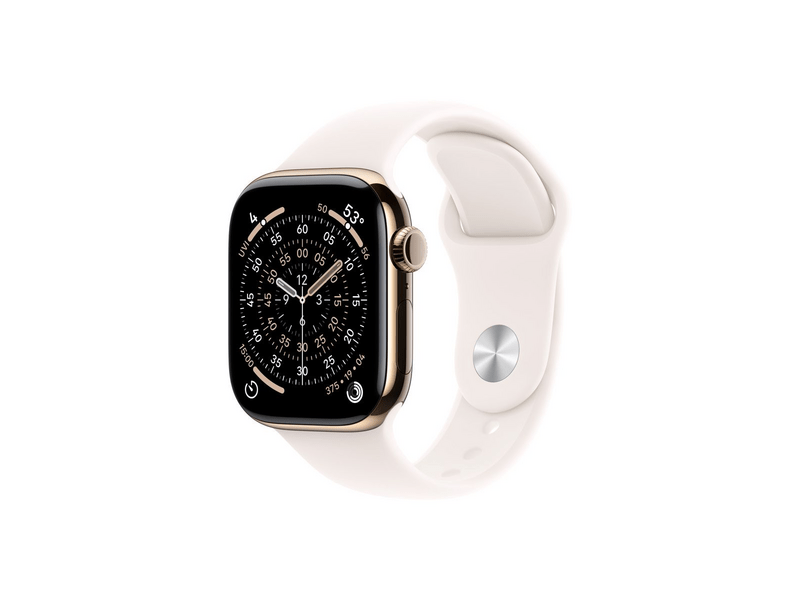 Apple Watch Series 11 GPS + Cellular, 42 mm-es aranyszínű titántok, lágy rózsaszín sportszíj, S/M (MF8W4MP/A)