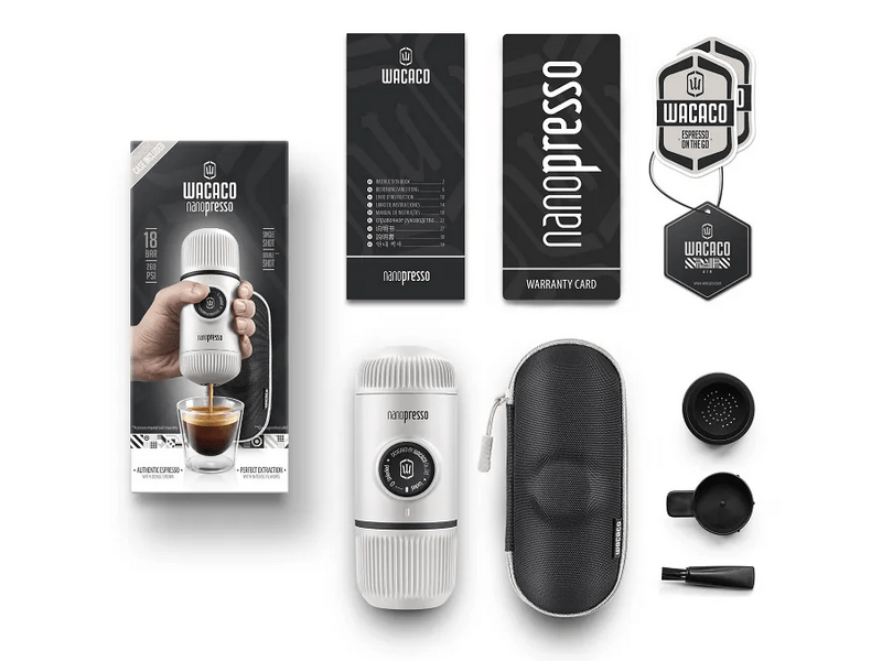 Wacaco Nanopresso hordozható kávéfőző őrölt kávéhoz, Hidegfehér + kemény védőtok