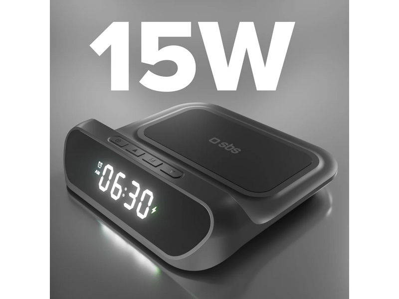 SBS 2-in-1 Ébresztőóra vezeték nélküli töltővel, fekete (TEWIRCLOCK)