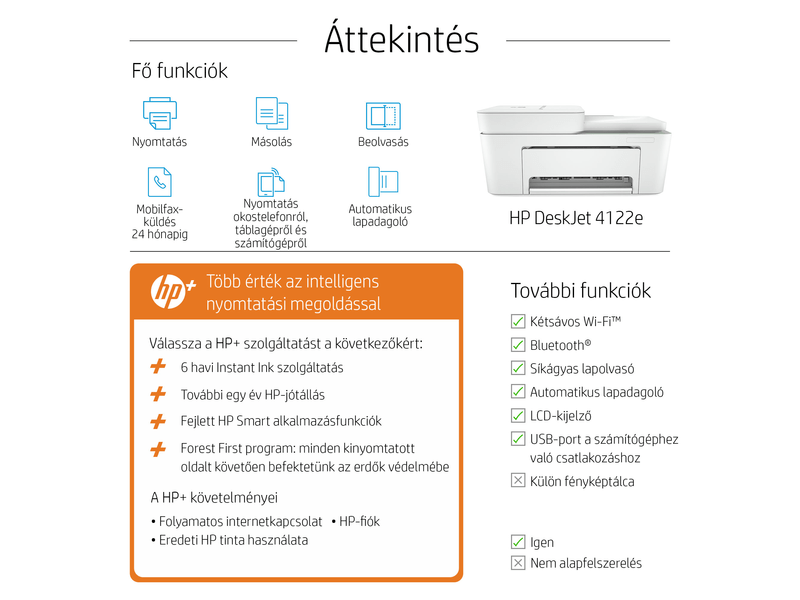HP DeskJet 4122E multifunkciós színes tintasugaras nyomtató, A4, ADF, Wi-Fi, HP+, 6 hónap Instant Ink (26Q92B)
