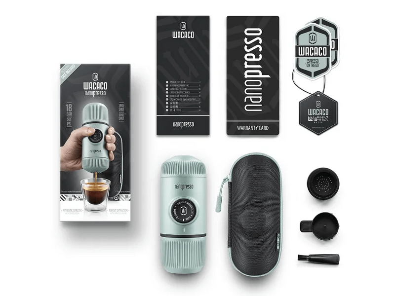 Wacaco Nanopresso hordozható kávéfőző őrölt kávéhoz, Jégkék + kemény védőtok