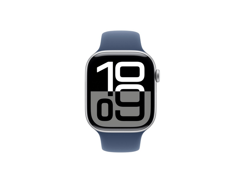 Apple Watch Series 10 GPS + Cellular – 46 mm-es ezüst alumíniumtok, denim sportszíj - M/L (MWY13QH/A)