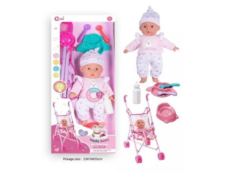 Játékbaba babakocsival és kiegészítőkkel, 35 cm (WZB108-10)