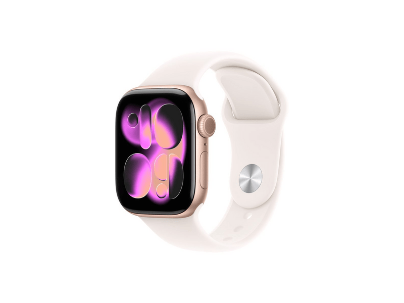Apple Watch Series 11 GPS, 46 mm-es rozéarany alumíniumtok, lágy rózsaszín sportpánt, S/M (MEV64MP/A)