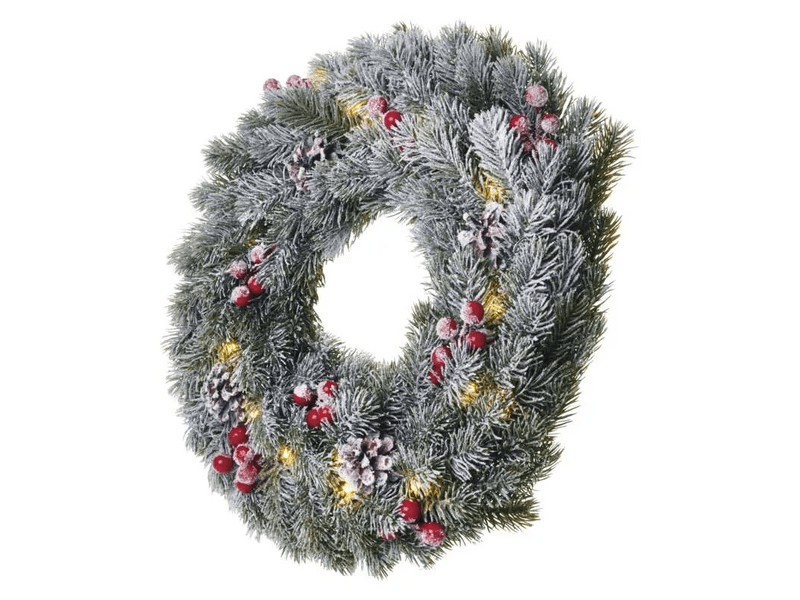 Emos DCTW06 LED karácsonyi koszorú, havas, 38 cm, 2x AA, beltéri, meleg fehér, időzítő