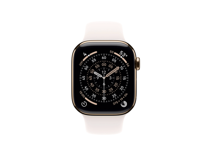 Apple Watch Series 11 GPS + Cellular, 42 mm-es aranyszínű titántok, lágy rózsaszín sportszíj, M/L (MF8X4MP/A)