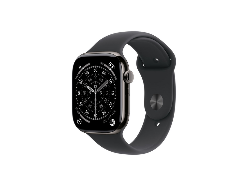 Apple Watch Series 11 GPS + Cellular, 42 mm-es palaszürke titántok, éjfekete sportszíj, M/L (MF8T4MP/A)