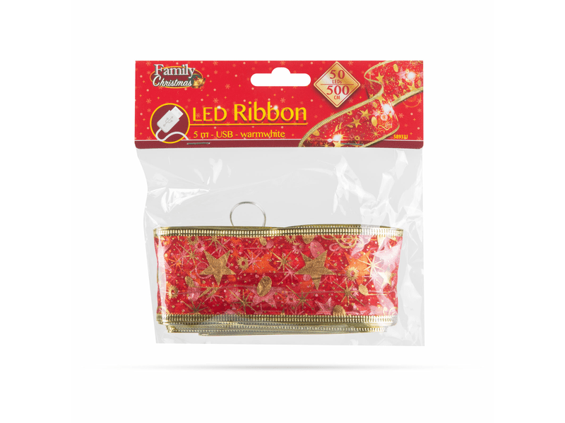 Karácsonyi LED-es szalag - piros - 5 m x 5 cm - 50 LED - USB (58933J)