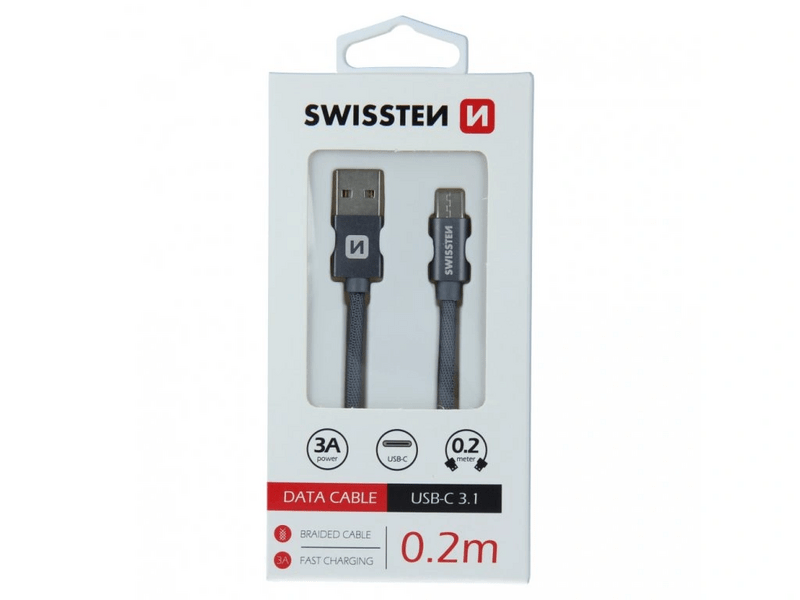 Swissten USB-A/USB-C Kábel 0,2m, szürke (71521102)
