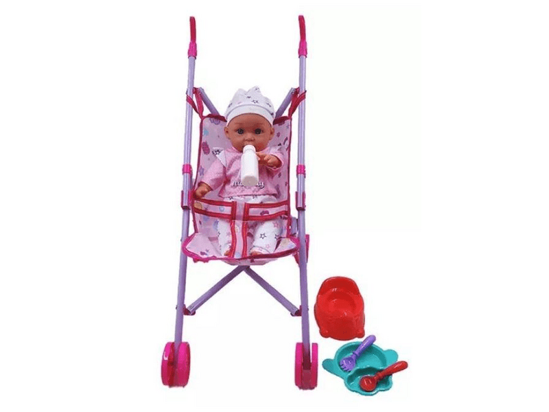 Játékbaba babakocsival és kiegészítőkkel, 35 cm (WZB108-10)