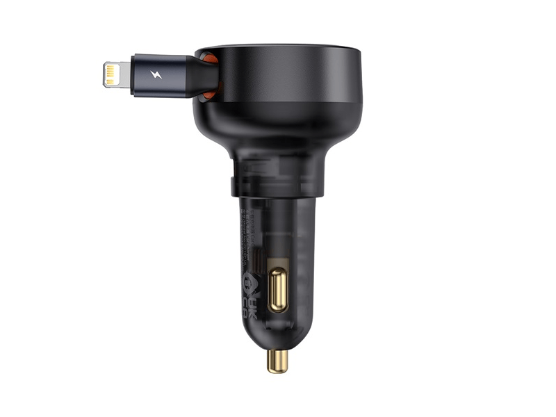 Baseus Enjoyment Pro 55W, USB Type-A autós gyorstöltő, iPhone automata behúzós kábellel