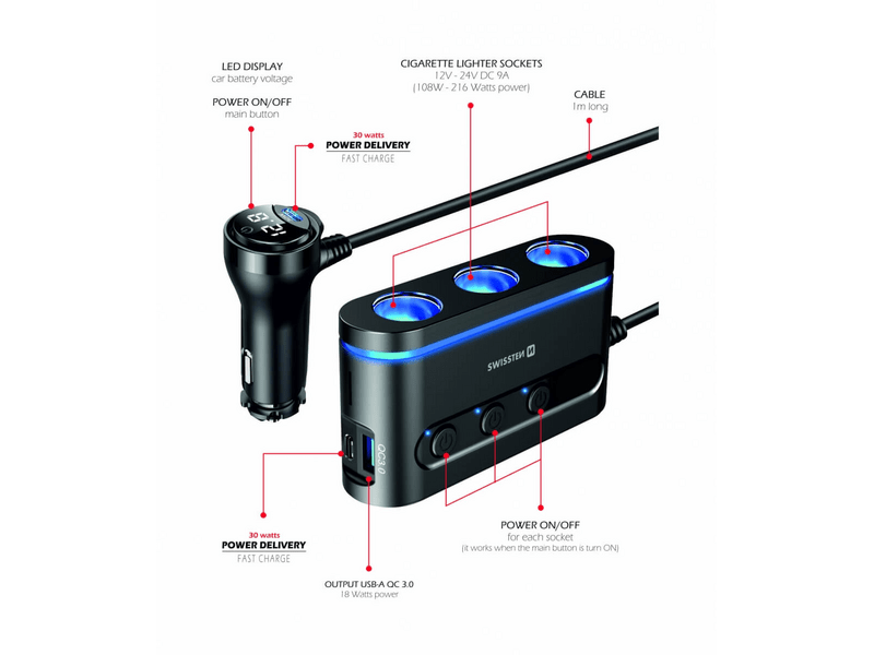 Swissten 20114010 szivargyújtós autós töltő adapter
