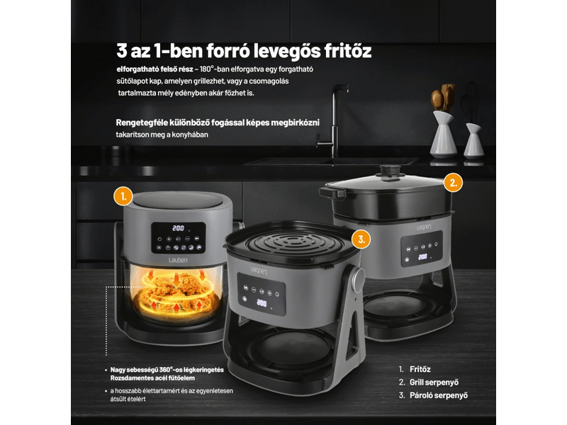 3in1 Air Fryer, fekete, 1500W, 5.5L