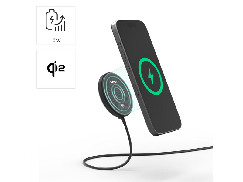 Hama QI2-MAGNET 15W Vezeték nélküli töltő, fekete (201725)