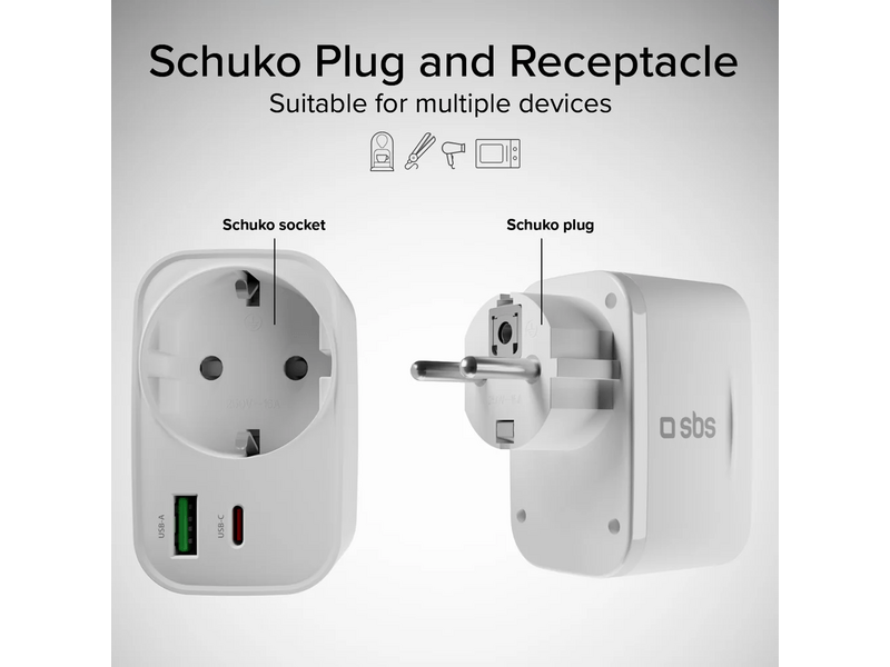 SBS Schuko 30W Többaljzatos töltő, fehér (TETRPLUG1USB1CPD20)